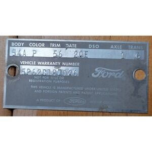 1965 Ford Galaxie Vehicle Warranty Number Data Plate Tag